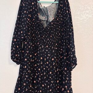 wild fable Black Long-Sleeve Midi Dress with Pink Floral Print